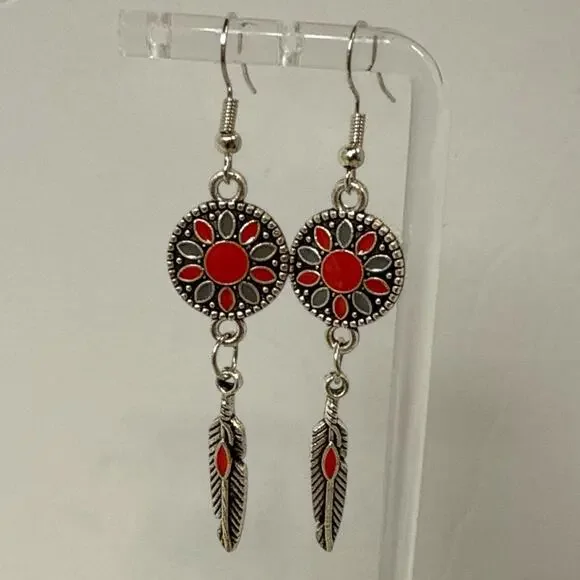 Boho Feather Earrings Silver Red Western Mandala Dangle Drop Design NEW pierced - Picture 2 of 5